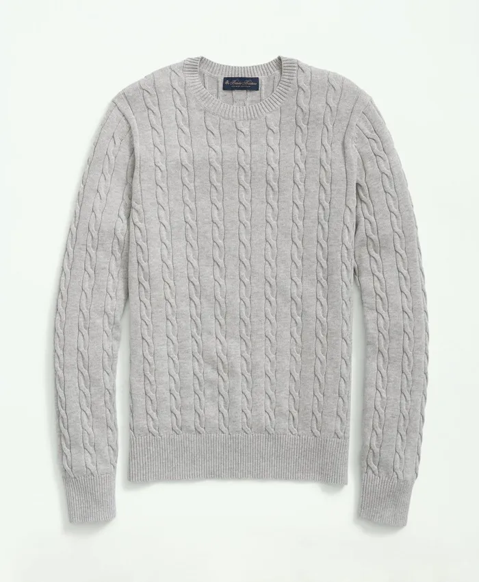 Men Supima Cotton Cable Crewneck Sweater Grey Brooks Brothers Sweaters