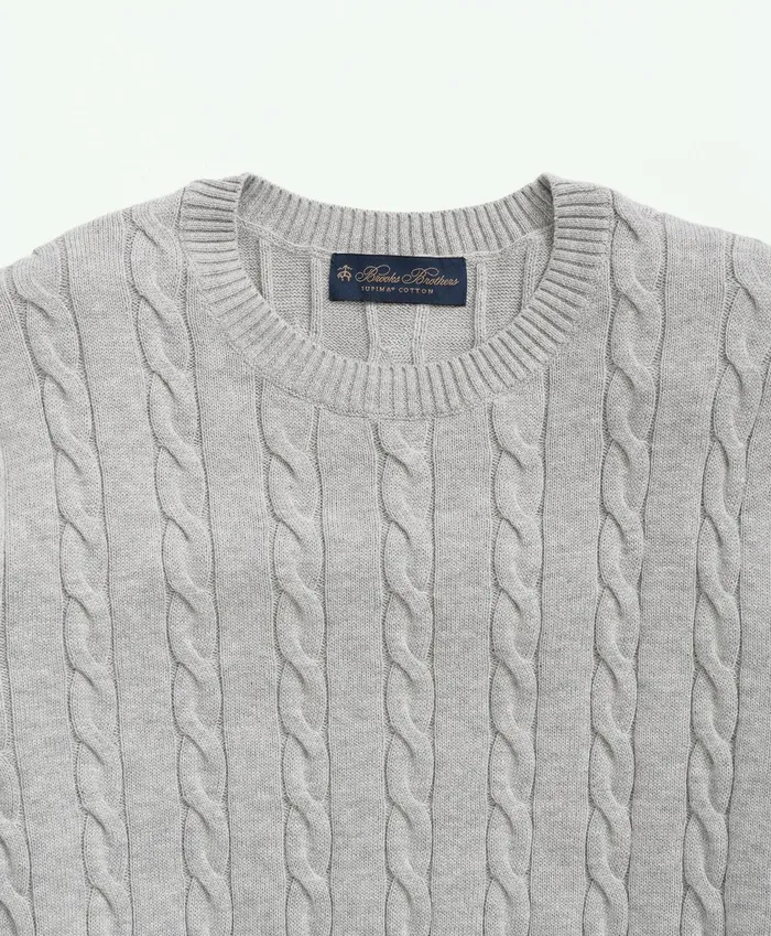 Men Supima Cotton Cable Crewneck Sweater Grey Brooks Brothers Sweaters