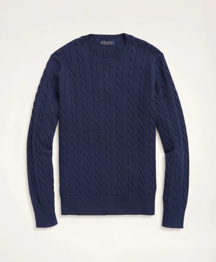 Men Supima Cotton Cable Crewneck Sweater Navy Brooks Brothers Sweaters