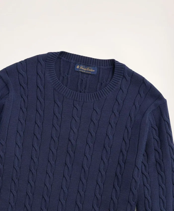 Men Supima Cotton Cable Crewneck Sweater Navy Brooks Brothers Sweaters