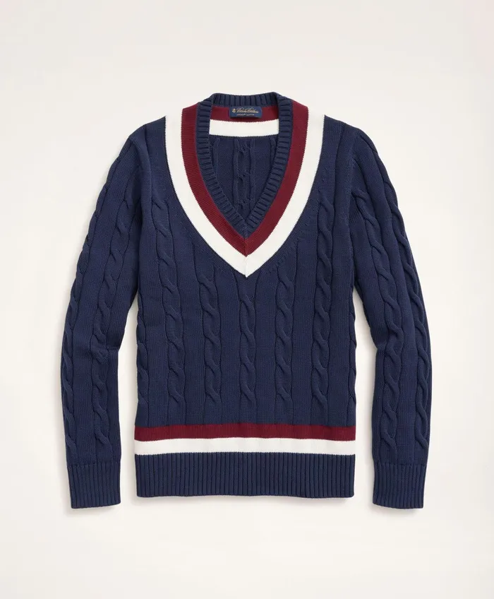 Men Supima Cotton Cable Tennis Sweater Navy Brooks Brothers Sweaters