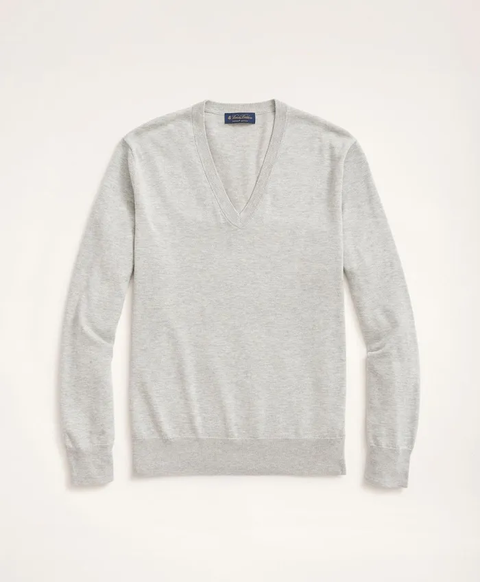 Men Supima Cotton VNeck Sweater Grey Heather Brooks Brothers Sweaters