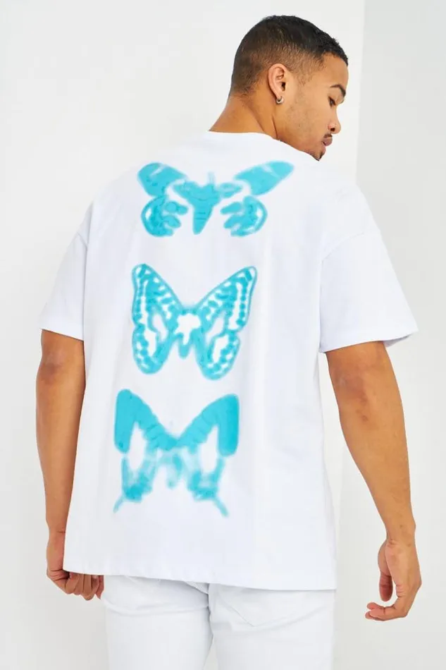 Men TShirt Blanc Oversize Papillons Bleus White Brentiny Paris TShirts