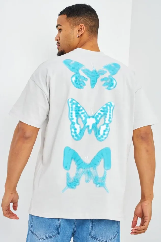 Men TShirt Gris Clair Oversize Papillons Bleus Grey Brentiny Paris TShirts