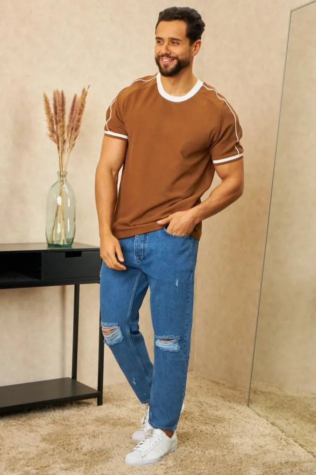 Men TShirt Marron Col Blanc Brown Brentiny Paris TShirts
