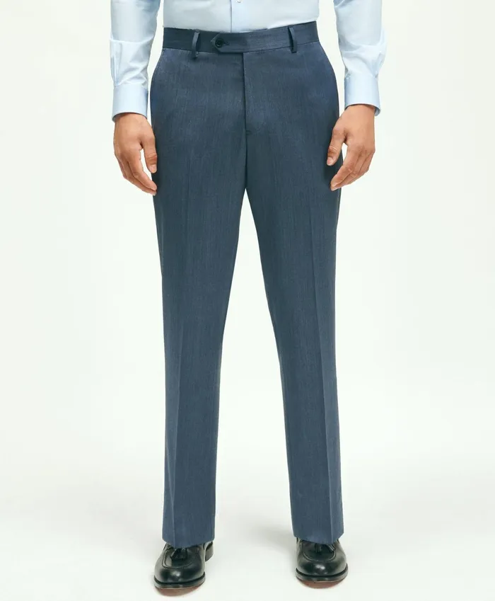Men Traditional Fit Wool Herringbone 1818 Dress Trousers Navy Brooks Brothers Dress Pants
