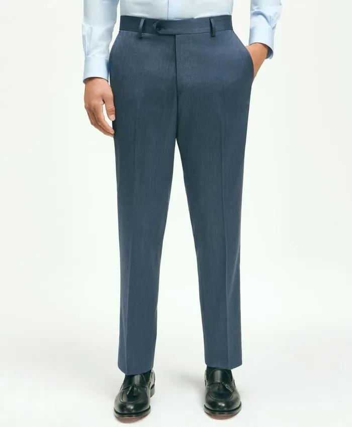 Men Traditional Fit Wool Herringbone 1818 Dress Trousers Navy Brooks Brothers Dress Pants