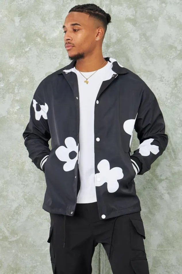Men Veste Noire Fleurs Blanches Black Brentiny Paris Jackets