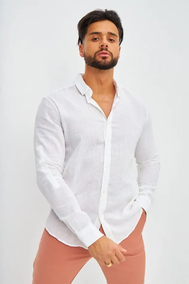 Men White Linen Shirt With Long Sleeves White Brentiny Paris Shirts
