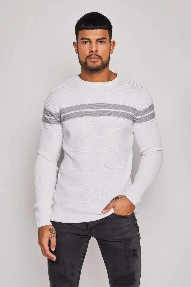 Men White Sweater With Black Stripes White Brentiny Paris Sweatshirts and Pullovers
