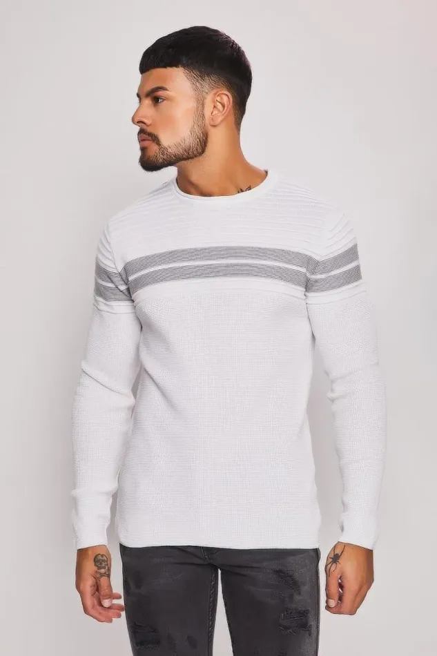 Men White Sweater With Black Stripes White Brentiny Paris Sweatshirts and Pullovers