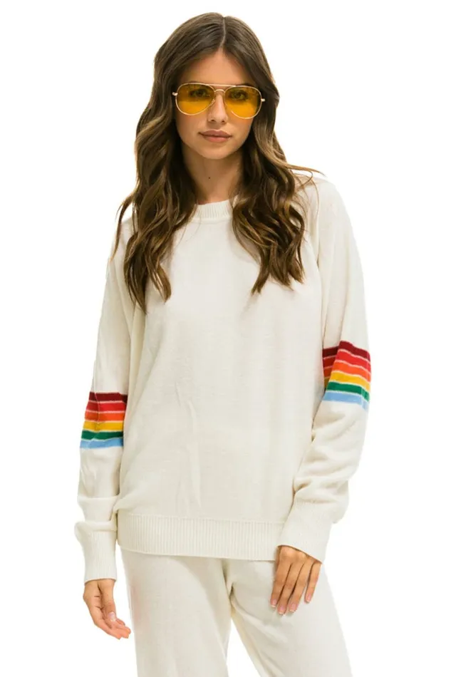 MenWomen RAINBOW STRIPE SLEEVE UNISEX CASHMERE LIGHT SWEATER 8211 VINTAGE WHITE Aviator Nation MenWomen RAINBOW STRIPE SLEEVE UNISEX CASHMERE LIGHT SWEATER 8211 VINTAGE WHITE Aviator Nation