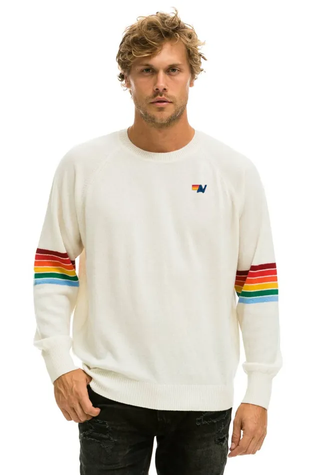 MenWomen RAINBOW STRIPE SLEEVE UNISEX CASHMERE LIGHT SWEATER 8211 VINTAGE WHITE Aviator Nation MenWomen RAINBOW STRIPE SLEEVE UNISEX CASHMERE LIGHT SWEATER 8211 VINTAGE WHITE Aviator Nation