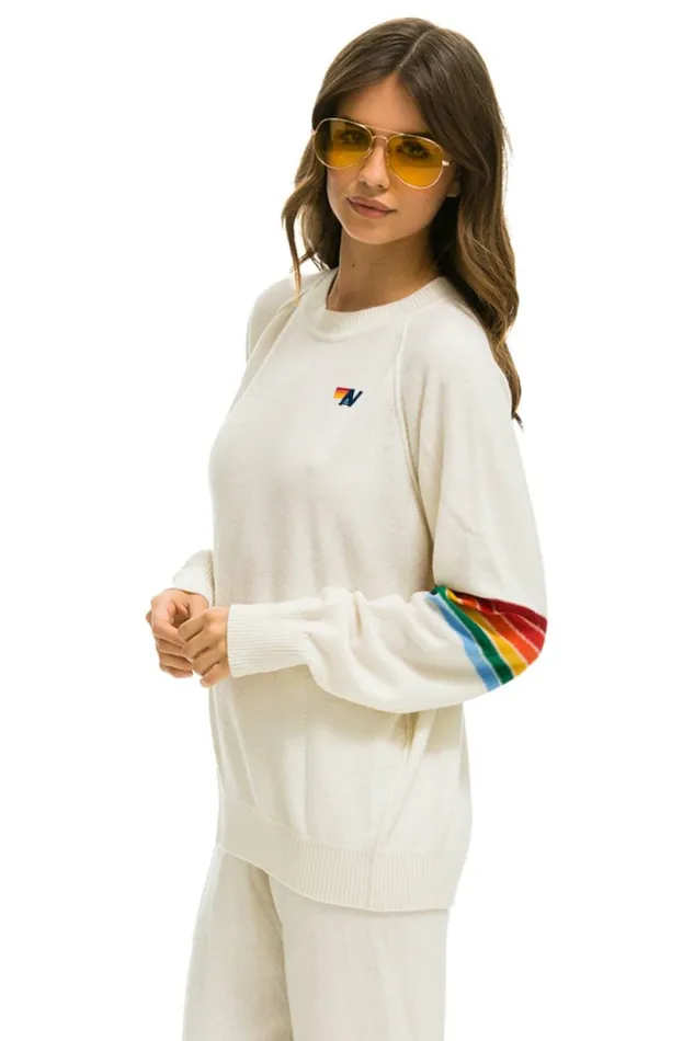 MenWomen RAINBOW STRIPE SLEEVE UNISEX CASHMERE LIGHT SWEATER 8211 VINTAGE WHITE Aviator Nation MenWomen RAINBOW STRIPE SLEEVE UNISEX CASHMERE LIGHT SWEATER 8211 VINTAGE WHITE Aviator Nation