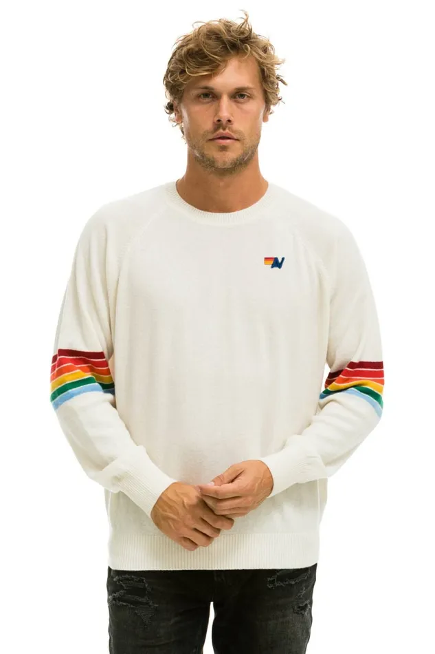 MenWomen RAINBOW STRIPE SLEEVE UNISEX CASHMERE LIGHT SWEATER 8211 VINTAGE WHITE Aviator Nation MenWomen RAINBOW STRIPE SLEEVE UNISEX CASHMERE LIGHT SWEATER 8211 VINTAGE WHITE Aviator Nation