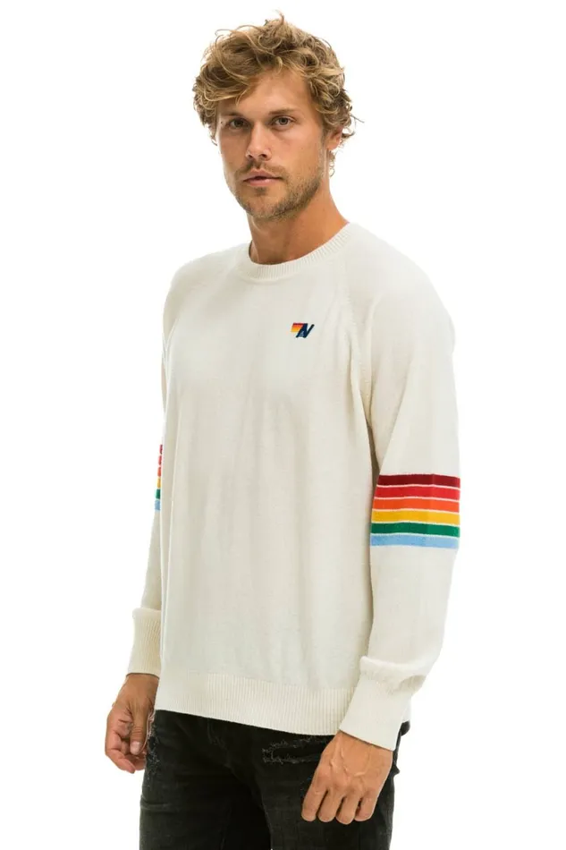 MenWomen RAINBOW STRIPE SLEEVE UNISEX CASHMERE LIGHT SWEATER 8211 VINTAGE WHITE Aviator Nation MenWomen RAINBOW STRIPE SLEEVE UNISEX CASHMERE LIGHT SWEATER 8211 VINTAGE WHITE Aviator Nation