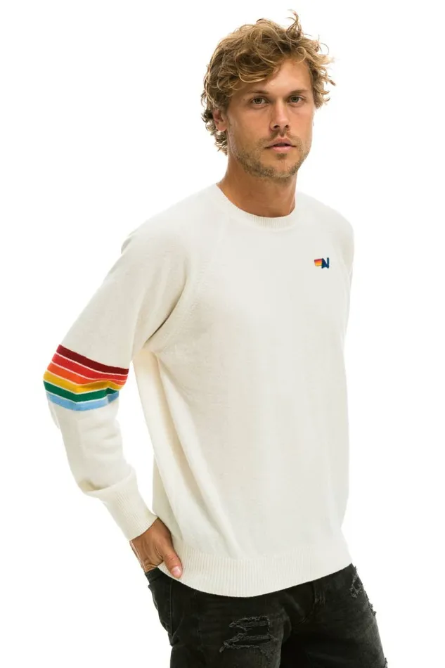 MenWomen RAINBOW STRIPE SLEEVE UNISEX CASHMERE LIGHT SWEATER 8211 VINTAGE WHITE Aviator Nation MenWomen RAINBOW STRIPE SLEEVE UNISEX CASHMERE LIGHT SWEATER 8211 VINTAGE WHITE Aviator Nation