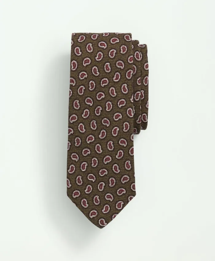 Men Wool Silk Basketweave Mini Paisley Tie Brownred Brooks Brothers Ties and Pocket Squares