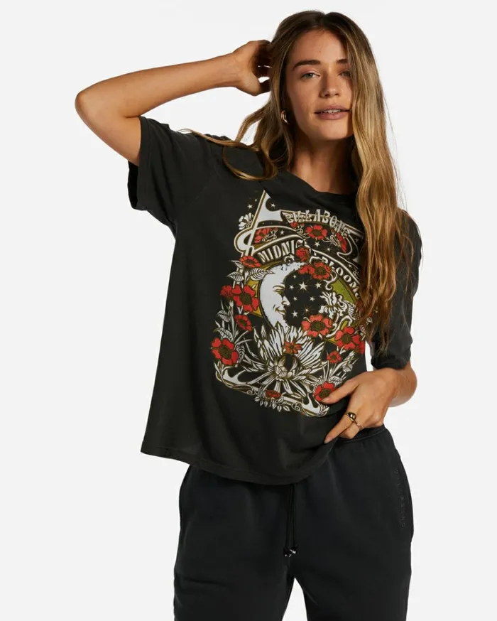Midnight Blooms TShirt Off Black Women Billabong Graphic Tees and Tanks