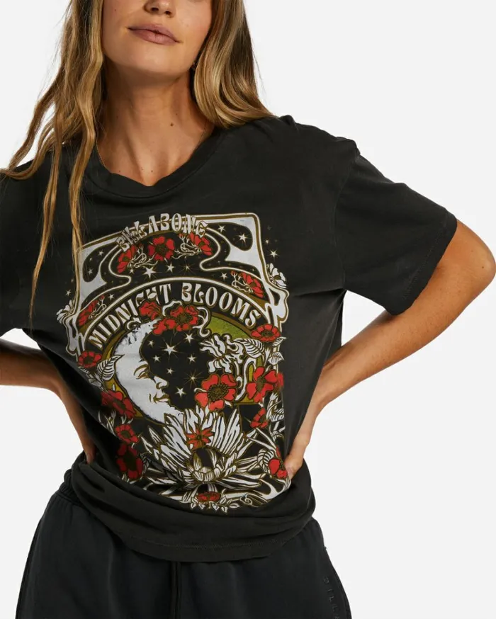 Midnight Blooms TShirt Off Black Women Billabong Graphic Tees and Tanks