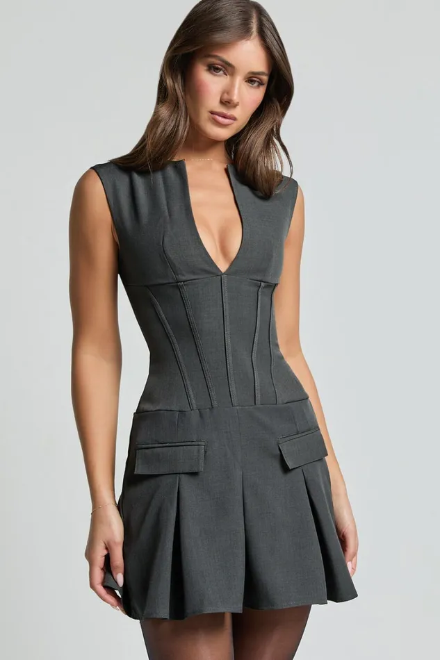 Mindy Mini Dress 8211 Plunge Neck Pocket Detail Tailored Dress In Charcoal Women Showpo Dresses