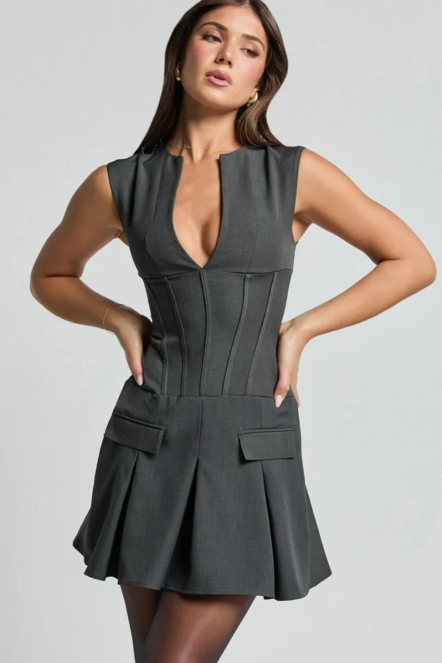 Mindy Mini Dress 8211 Plunge Neck Pocket Detail Tailored Dress In Charcoal Women Showpo Dresses