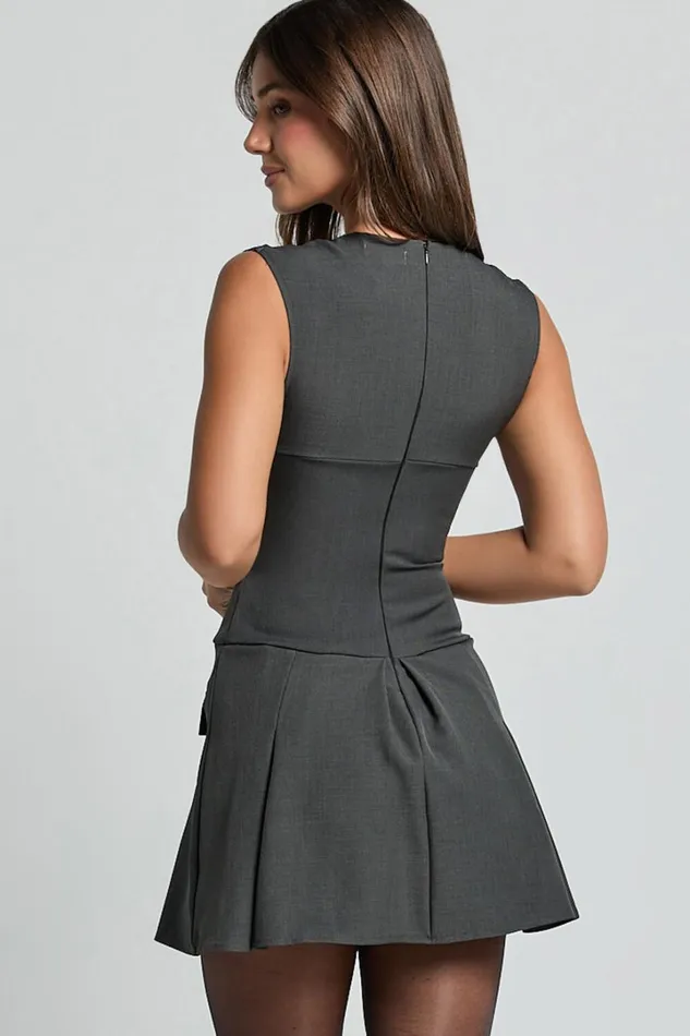 Mindy Mini Dress 8211 Plunge Neck Pocket Detail Tailored Dress In Charcoal Women Showpo Dresses