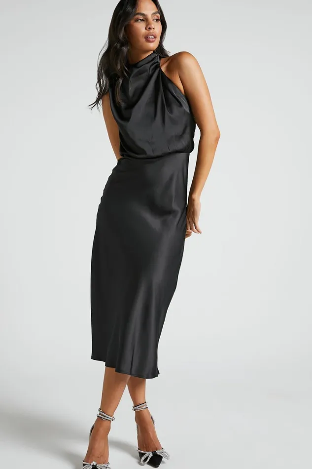 Minnie Midi Dress 8211 Drape Neck Satin Slip Dress In Black Women Showpo Dresses