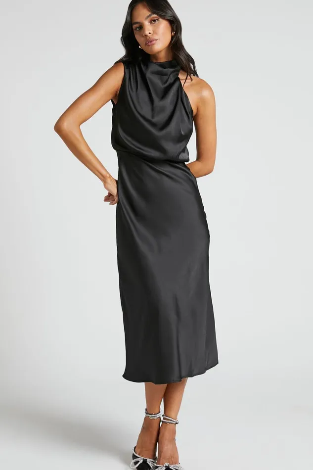 Minnie Midi Dress 8211 Drape Neck Satin Slip Dress In Black Women Showpo Dresses
