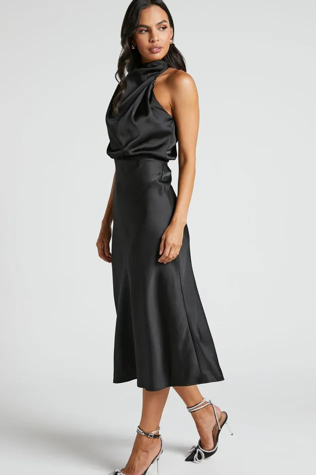 Minnie Midi Dress 8211 Drape Neck Satin Slip Dress In Black Women Showpo Dresses