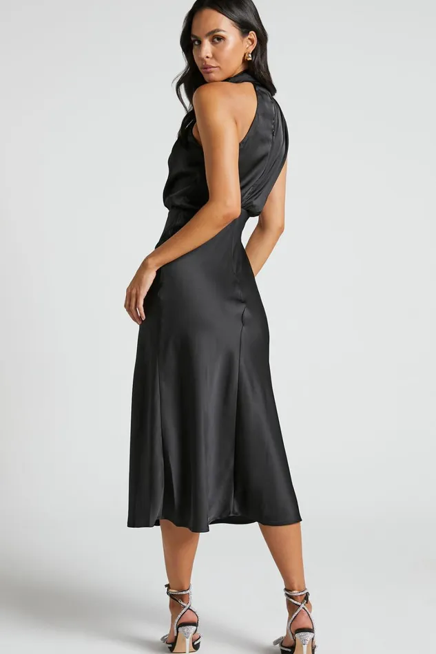 Minnie Midi Dress 8211 Drape Neck Satin Slip Dress In Black Women Showpo Dresses