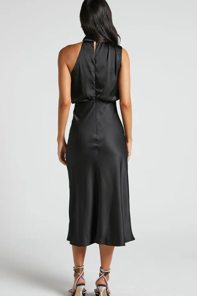 Minnie Midi Dress 8211 Drape Neck Satin Slip Dress In Black Women Showpo Dresses