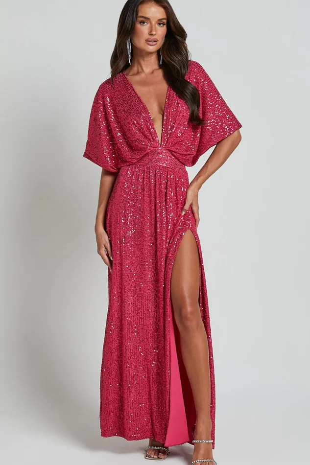 Miyah Maxi Dress 8211 Sequin Plunge Short Sleeve Dress In Pink Women Showpo Dresses