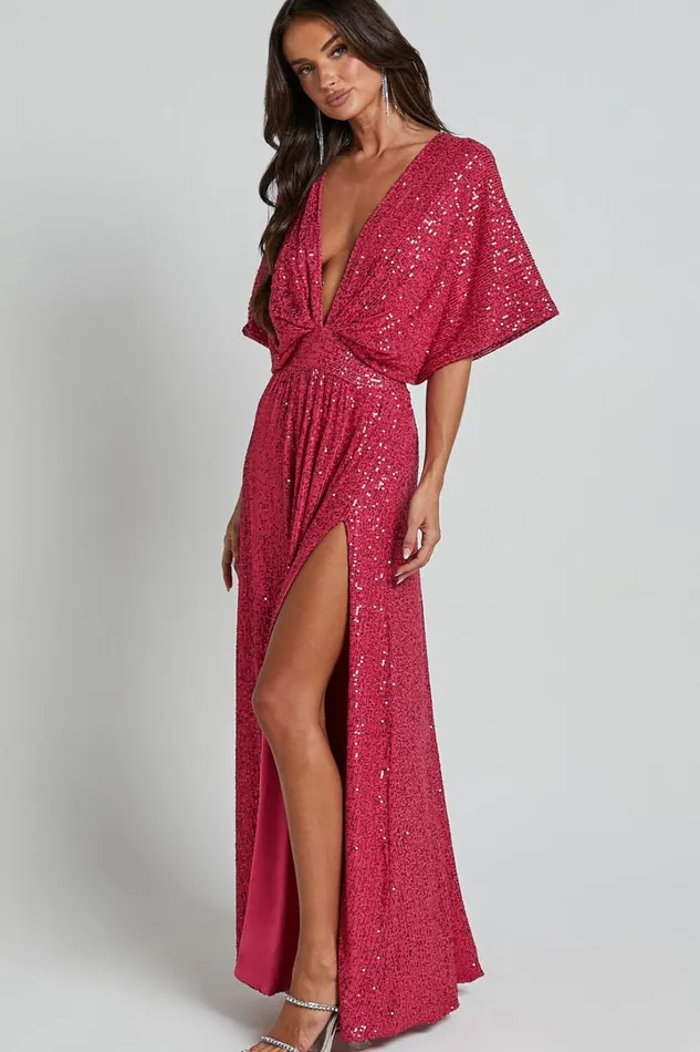 Miyah Maxi Dress 8211 Sequin Plunge Short Sleeve Dress In Pink Women Showpo Dresses