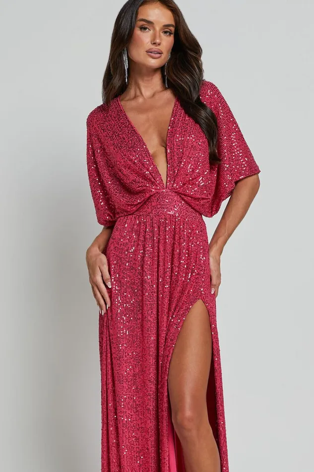 Miyah Maxi Dress 8211 Sequin Plunge Short Sleeve Dress In Pink Women Showpo Dresses