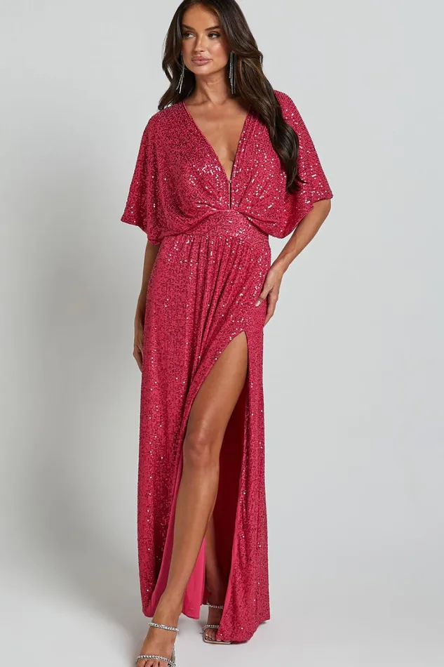 Miyah Maxi Dress 8211 Sequin Plunge Short Sleeve Dress In Pink Women Showpo Dresses