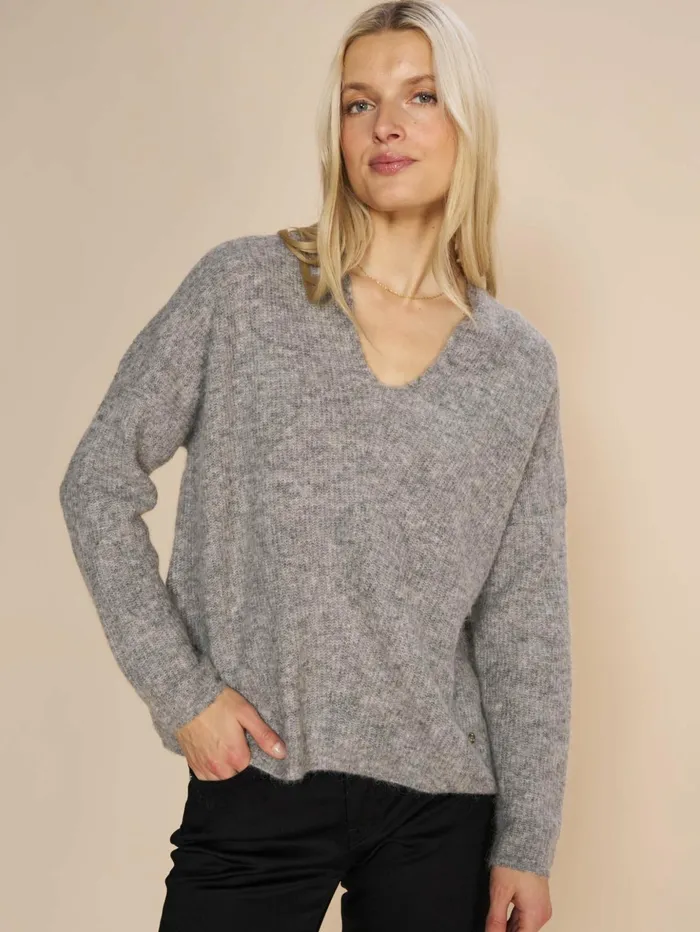 MOS MOSH Knits Women MMThora VNeck Knit Grey Melange MOS MOSH Knits Women MMThora VNeck Knit Grey Melange