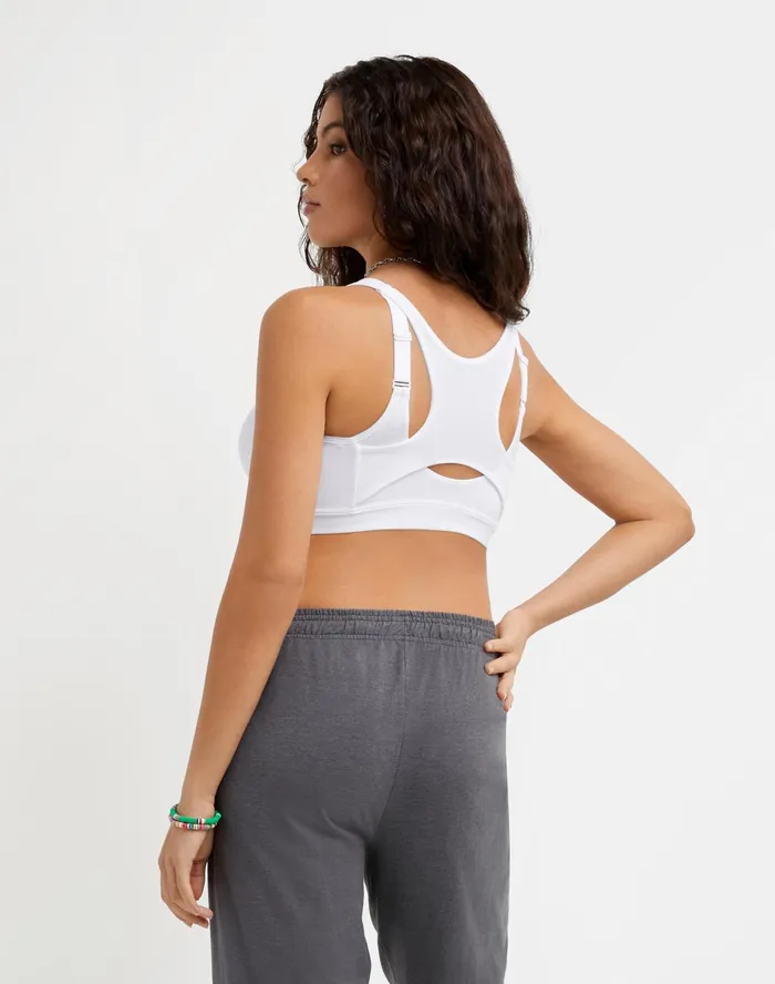 Motion Control Zip Sports Bra Wirefree Script Logo White Women Champion Sports Bras and Bralettes