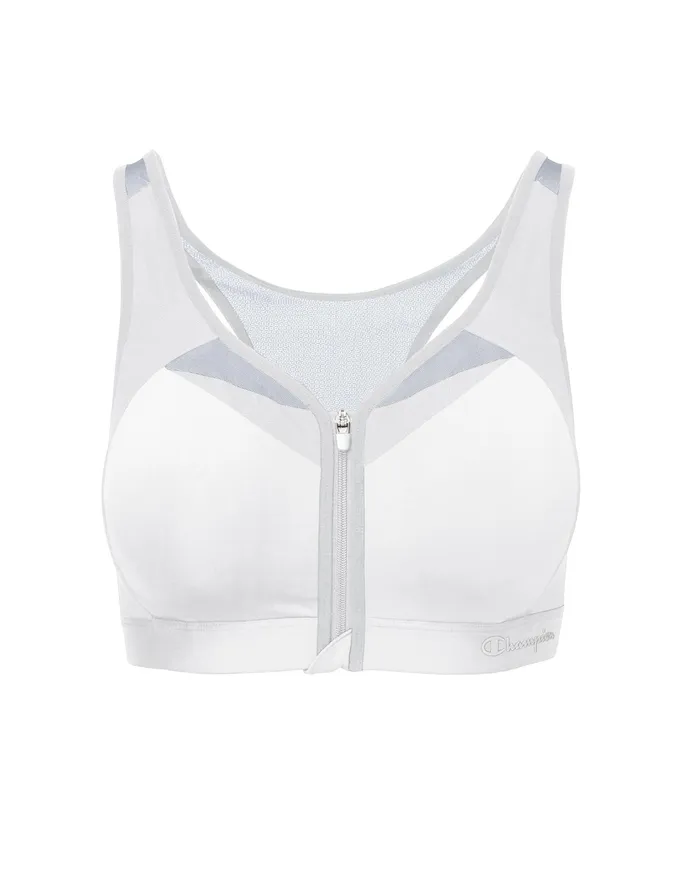 Motion Control Zip Sports Bra Wirefree Script Logo White Women Champion Sports Bras and Bralettes
