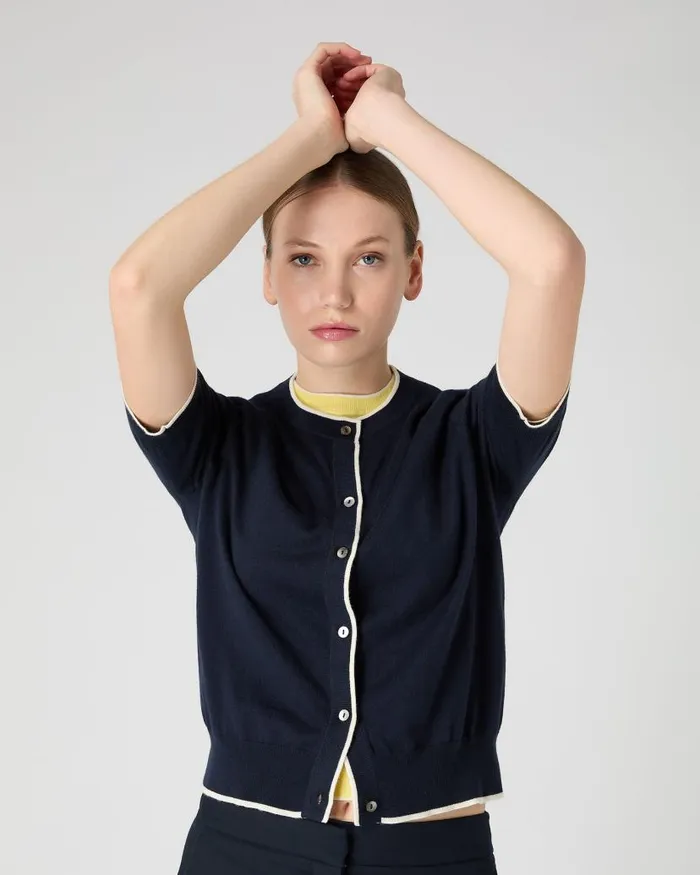 NPeal Cardigans Women Cotton Cashmere Short Sleeve Cardigan Navy Blue