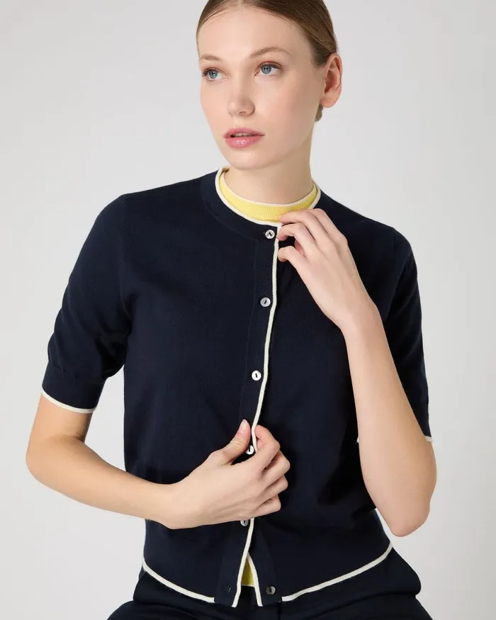 NPeal Cardigans Women Cotton Cashmere Short Sleeve Cardigan Navy Blue