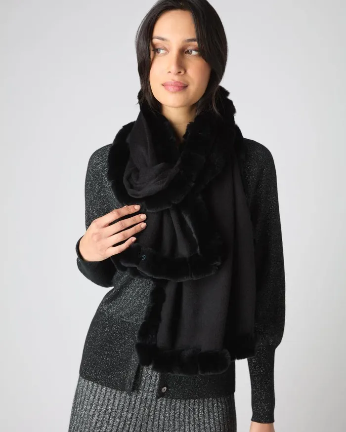 NPeal Cashmere Scarves Women Meribel Woven Fur Trim Scarf Black