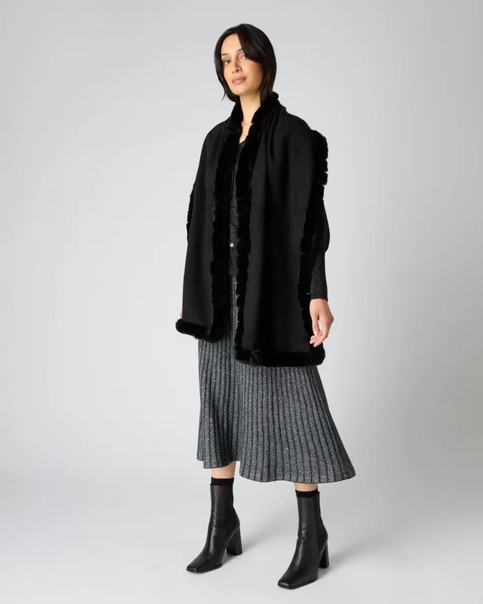 NPeal Cashmere Scarves Women Meribel Woven Fur Trim Scarf Black