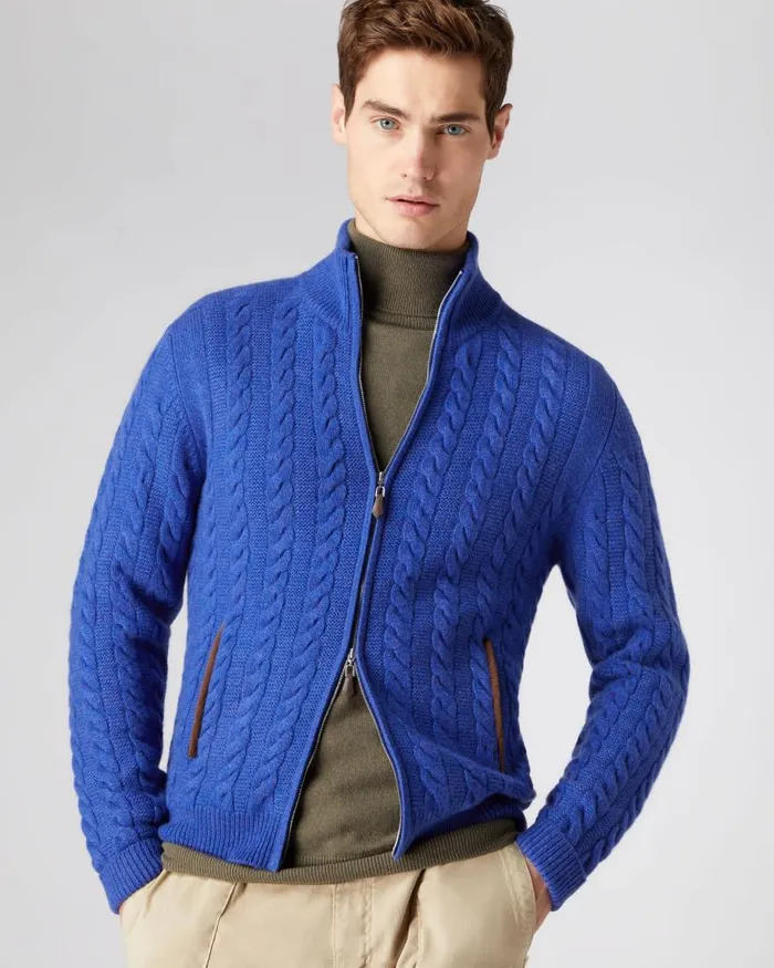 NPeal Half and Full Zip Knitwear Men The Richmond Cable Cashmere Cardigan Nile Blue