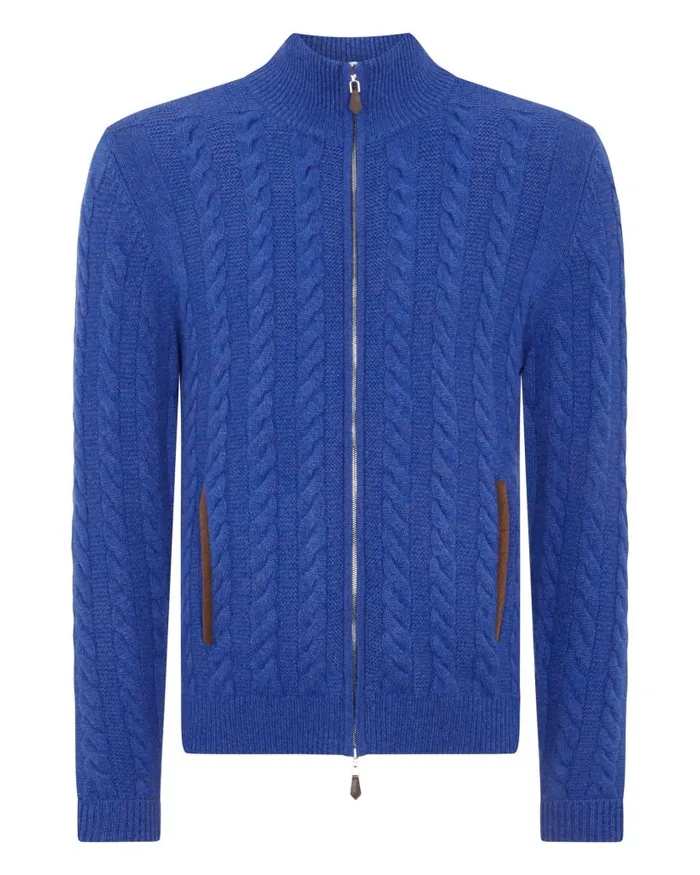 NPeal Half and Full Zip Knitwear Men The Richmond Cable Cashmere Cardigan Nile Blue
