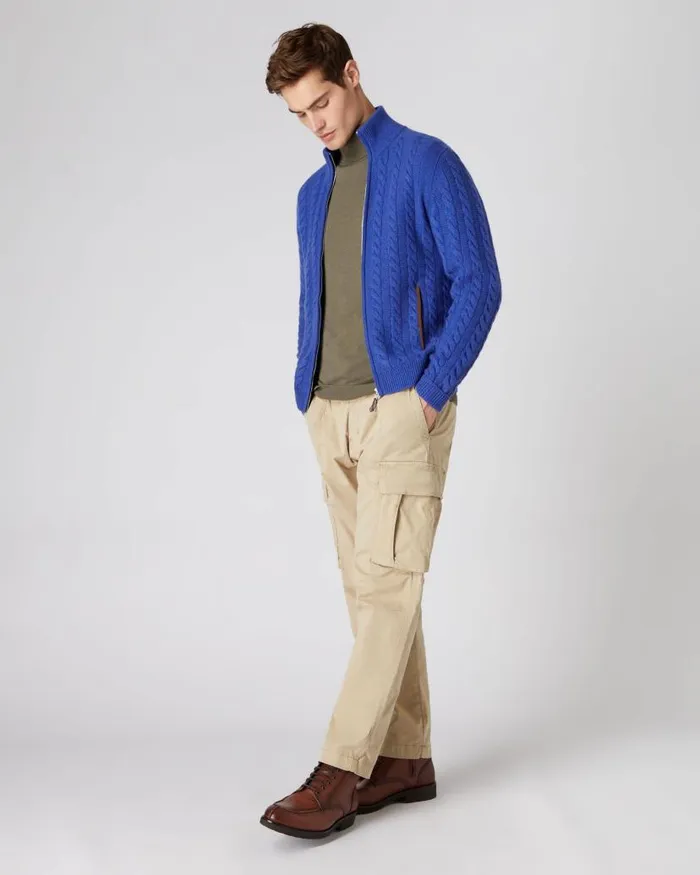 NPeal Half and Full Zip Knitwear Men The Richmond Cable Cashmere Cardigan Nile Blue