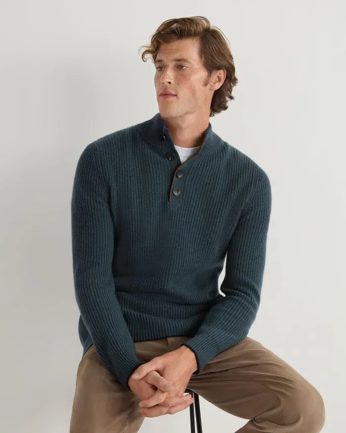 NPeal Jumpers Men Beauchamp Half Button Cashmere Jumper Caviar Blue
