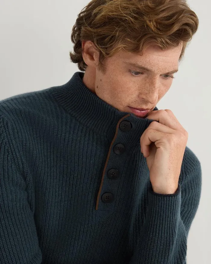 NPeal Jumpers Men Beauchamp Half Button Cashmere Jumper Caviar Blue