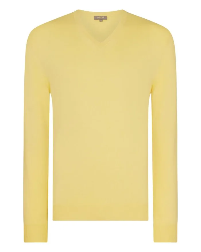 NPeal Jumpers Men Burlington V Neck Cashmere Jumper Citrine Yellow