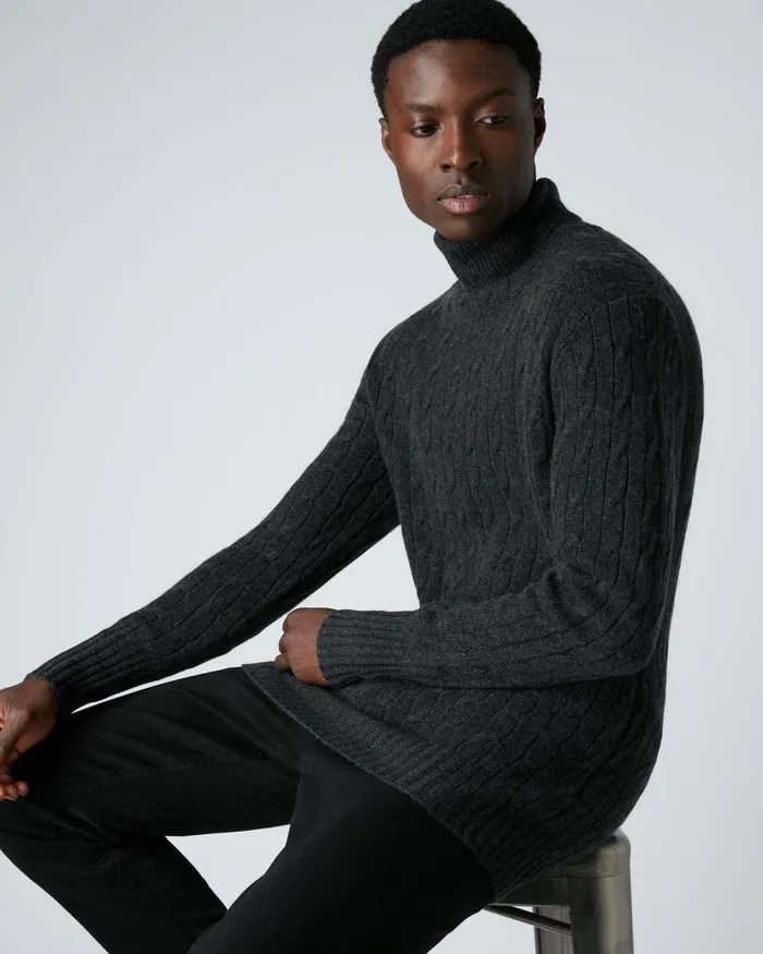 NPeal Jumpers Men Classic Cable Roll Neck Cashmere Jumper Dark Charcoal Grey